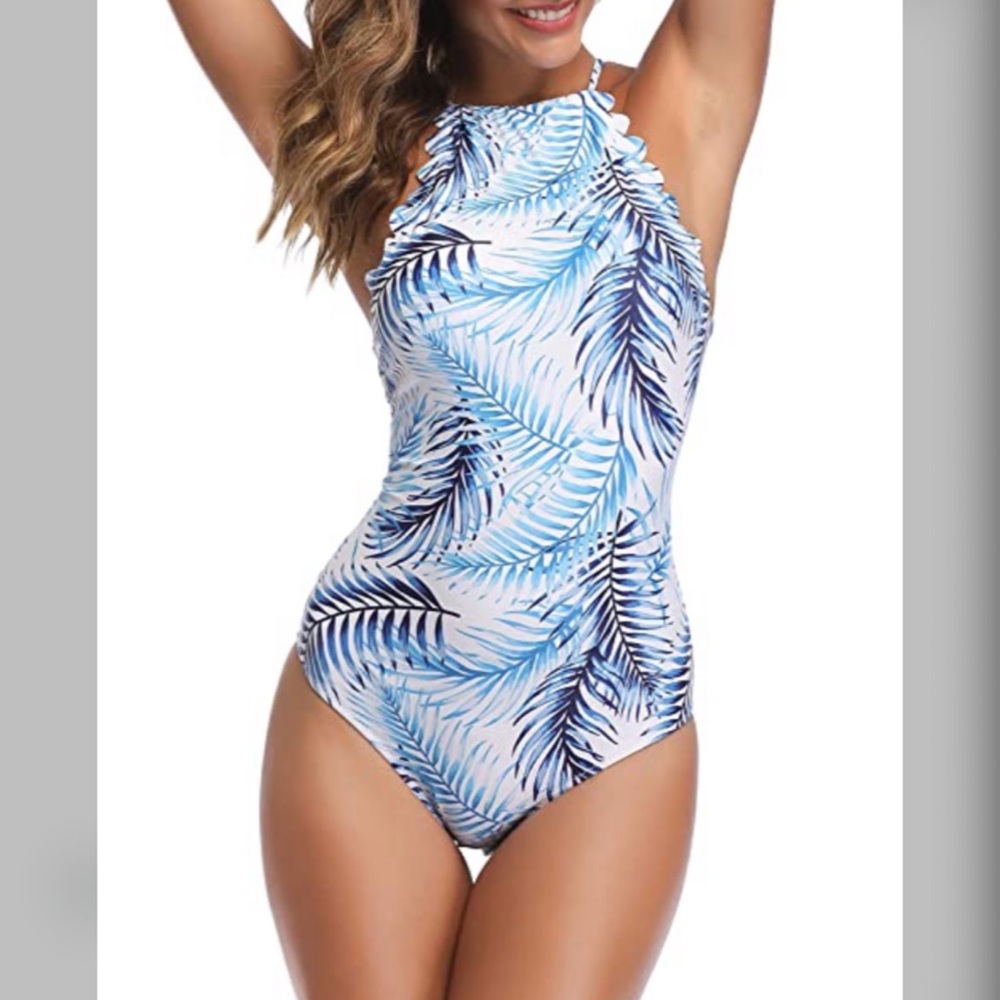 Stunning Scalloped Bathing Suit in Blue Leaf - Picture 2 of 5